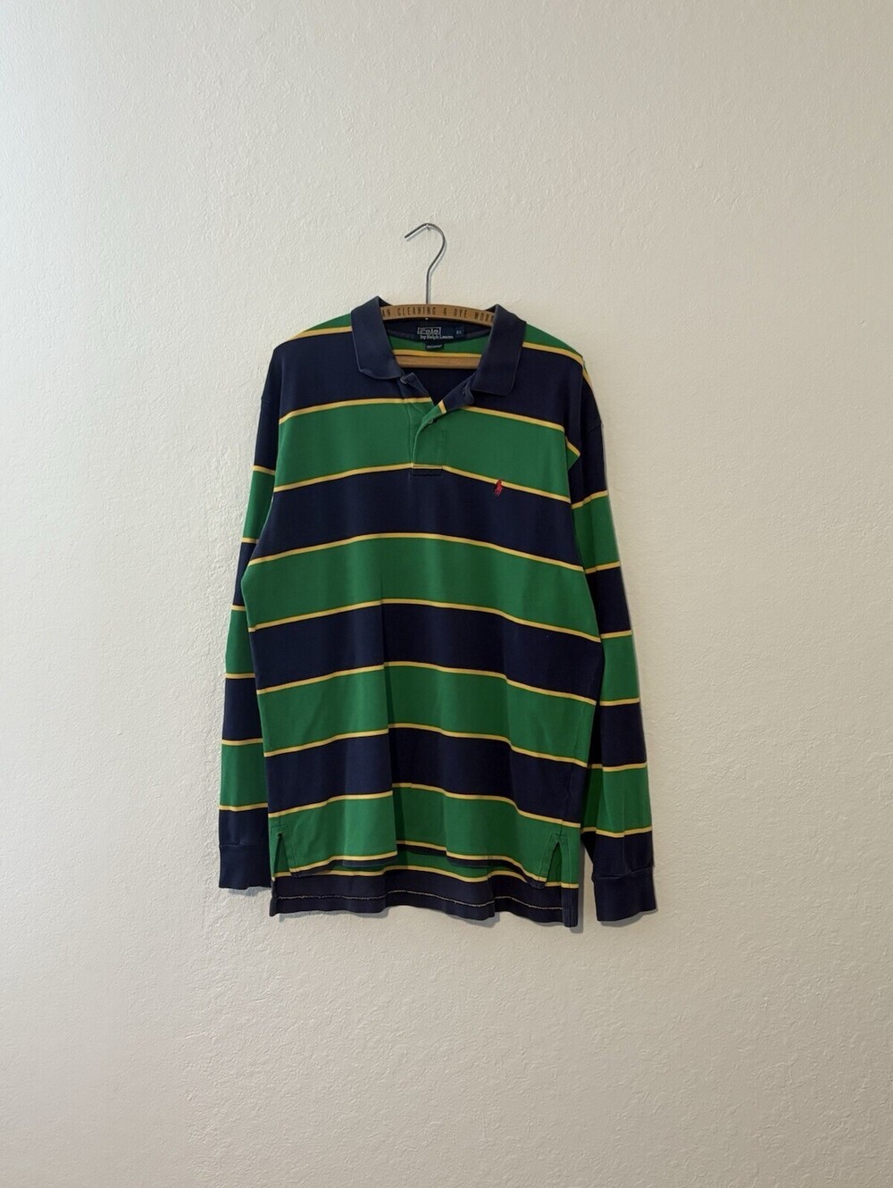 Vintage 90s Polo Ralph Lauren Long Sleeve Rugby Shirt Striped Green Blue Size XL